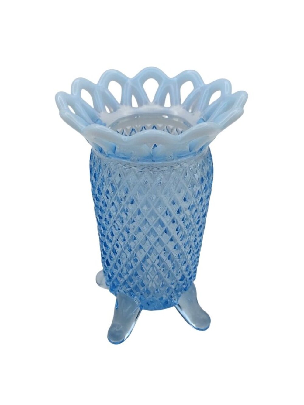 Imperial Glass Katy Blue Vase Lace Edge Diamond Point Opalescent 4 Toed Vintage